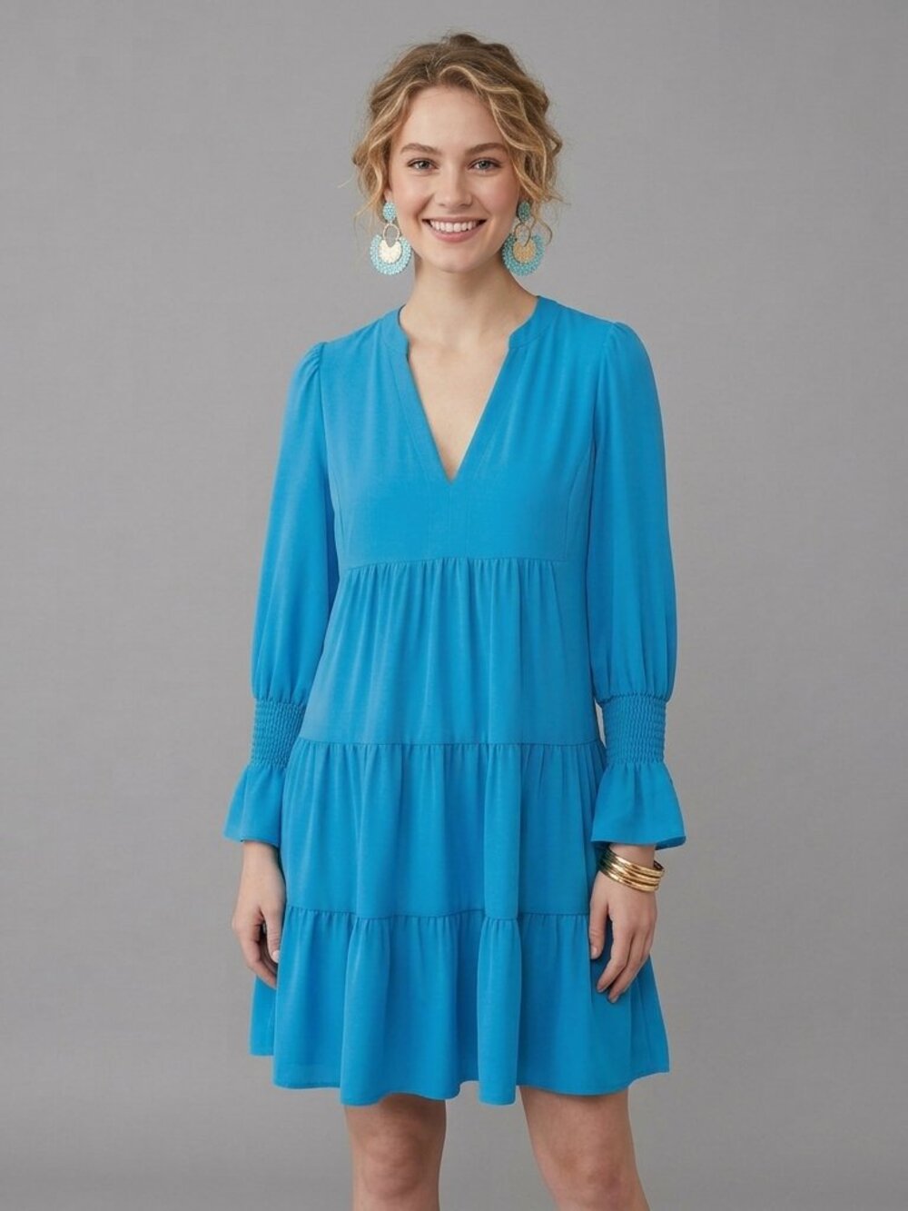 Pomander Place Tuckernuck Kenzo Dress Size M Capri Blue Crepe Tiered Smocked